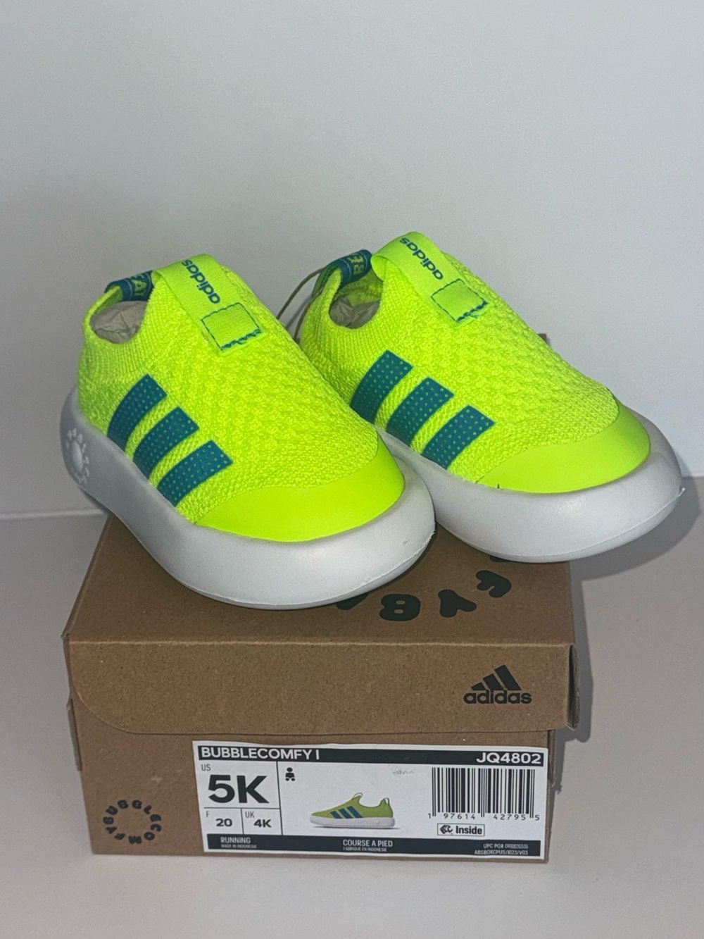 adidas Kids Highlighter and Blue Slip-On Bubblecomfy1 sneakers.  NIB size 5K